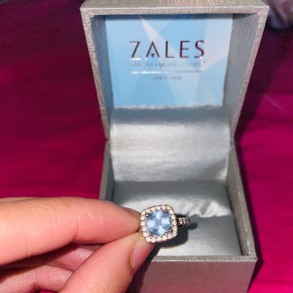 Zales Aquamarine March Birthstone Ring Cut Gemstone Sterling Silver